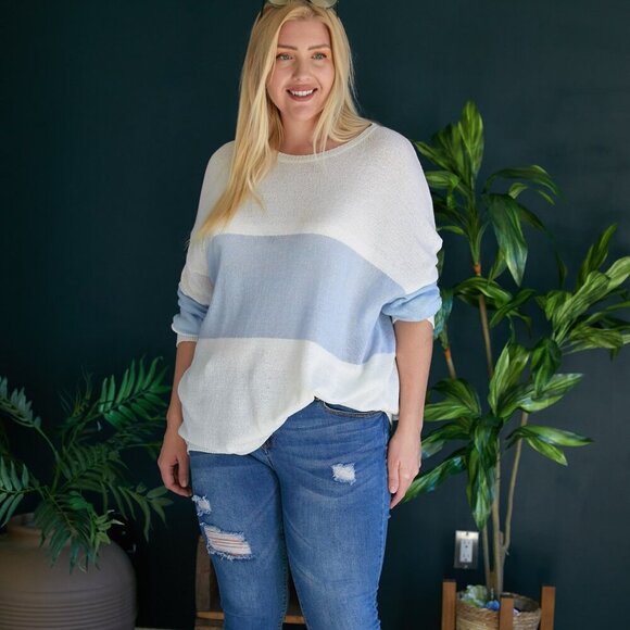 DAVI & DANI Plus Size Light Blue & White Colorblock Lightweight Sweater, Casual - Picture 5 of 9